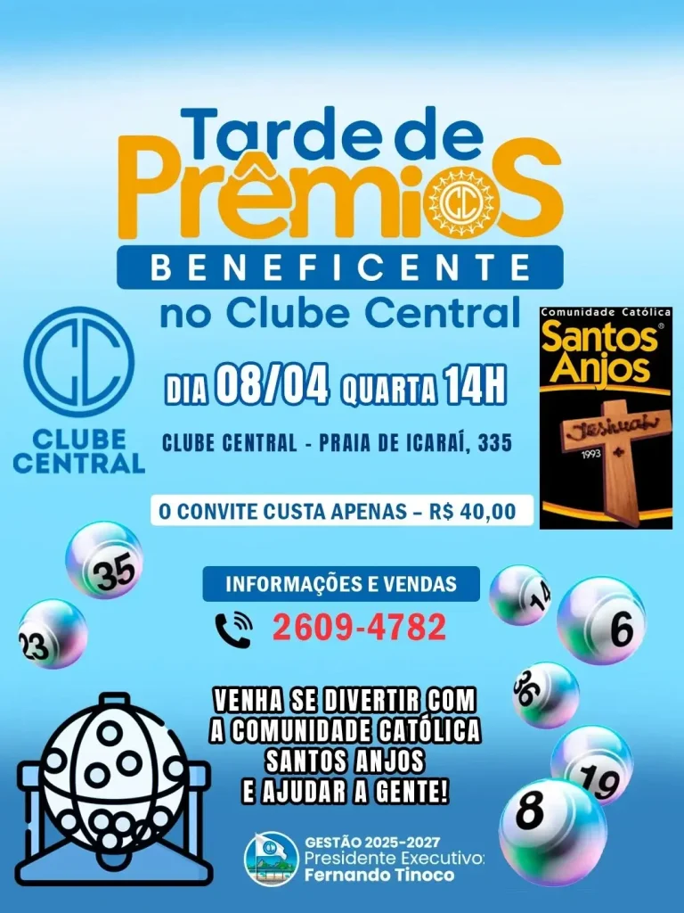 Tarde de Prêmios Beneficente do Clube Central será com a Comunidade Católica Santos Anjos