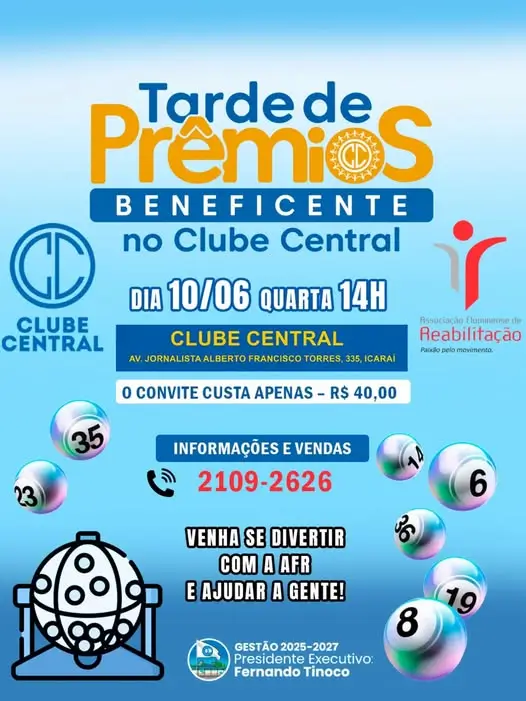 A Associação Fluminense de Reabilitação (AFR) será a entidade beneficiada pela próxima Tarde de Prêmios no Clube Central.