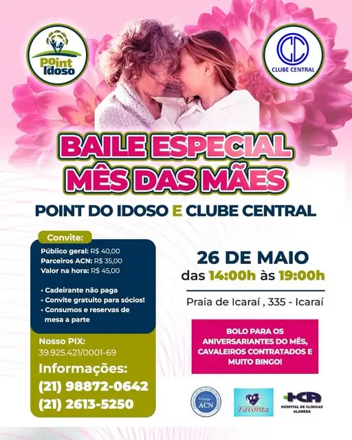 O Point do Idoso e Clube Central convidam você para uma tarde especial em comemoração ao Mês das Mães!