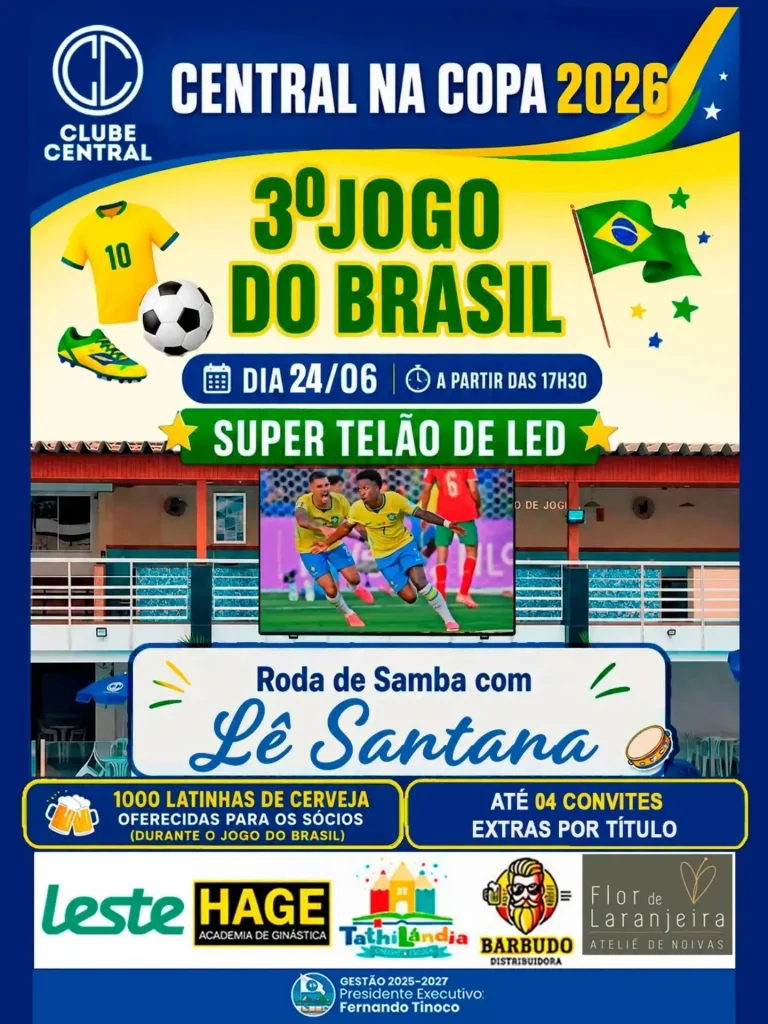 Nesta quarta-feira (24), o terceiro jogo do Brasil será a estrela do telão do Central