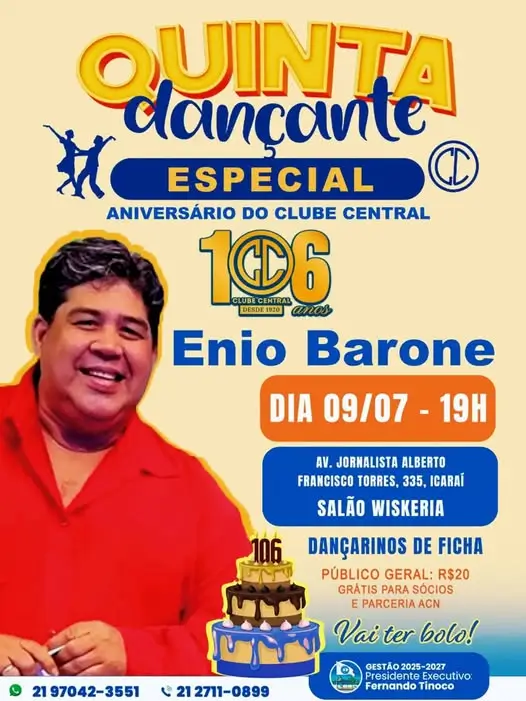 A ordem é bailar! A próxima Quinta Dançante do Central será com o cantor Enio Barone, no dia 9 de julho, às 19h.